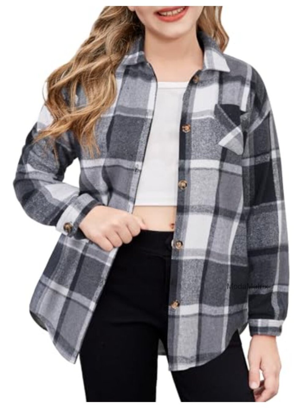 Girls Flannel Plaid Long Sleeve Button Down Shirt with Pockets